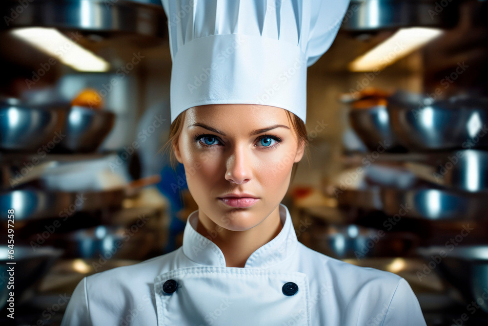 Capturing the Essence of a Woman Chef in Her Restaurant Kitchen, Behind the Scenes, Culinary Mastery concept, copy space Capturing the Essence of a Woman Chef in Her Restaurant Kitchen, Behind the Scenes, Culinary Mastery concept, copy space