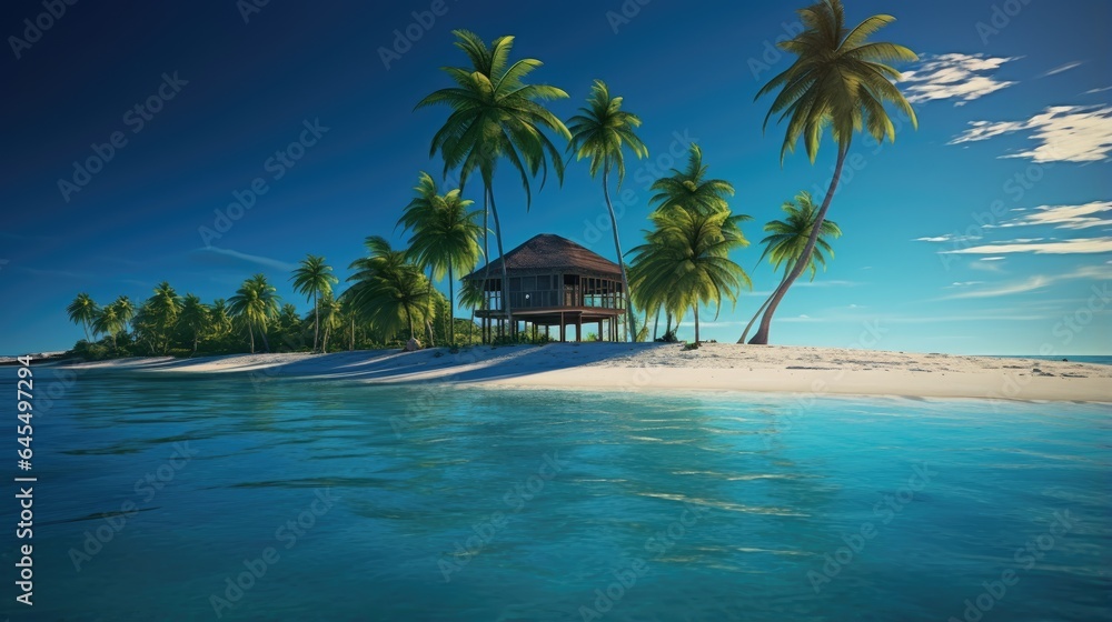 Bungalows and palm trees on a tiny tropical island surrounded by blue sea water. The concept of a comfortable secluded holiday. Illustration for cover, card, postcard, interior design, decor or print.