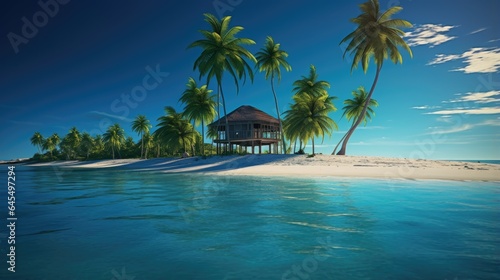 Bungalows and palm trees on a tiny tropical island surrounded by blue sea water. The concept of a comfortable secluded holiday. Illustration for cover, card, postcard, interior design, decor or print.