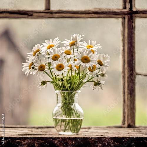 White daisy bouquet in a glass jar in an old wooden farmhouse window 