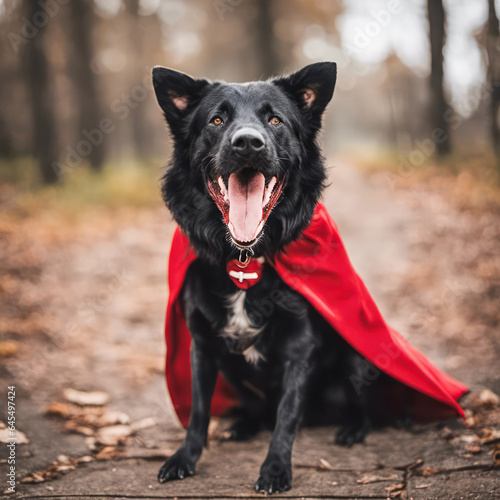 Ferocious big black dog with an open mouth wearing a red Halloween cape in a forest 