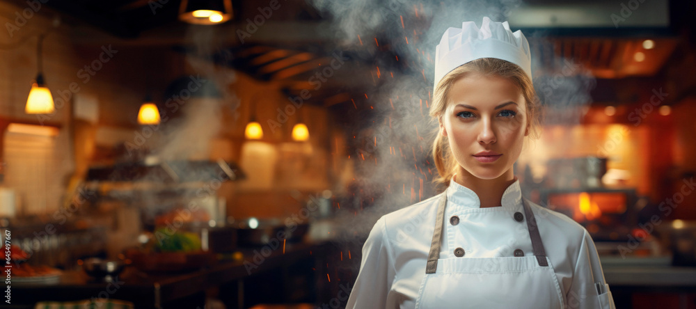 Fototapeta premium Capturing the Essence of a Woman Chef in Her Restaurant Kitchen, Behind the Scenes, Culinary Mastery concept, copy space