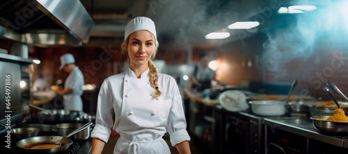 Fototapeta Naklejka Na Ścianę i Meble -  Capturing the Essence of a Woman Chef in Her Restaurant Kitchen, Behind the Scenes, Culinary Mastery concept, copy space