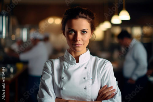 Capturing the Essence of a Woman Chef in Her Restaurant Kitchen, Behind the Scenes, Culinary Mastery concept, copy space