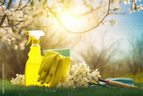 Housecleaning, hygiene, spring, chores, cleaning supplies on spring meadow in background