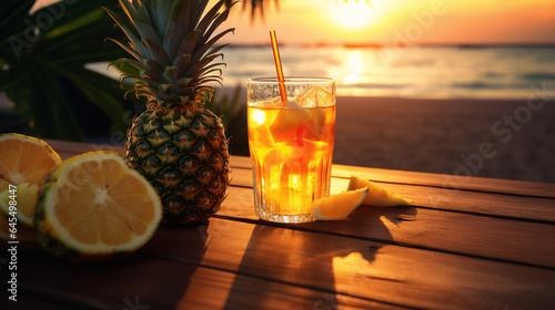 Pineapple fruit refreshing drink on tropival desk and summer time photo