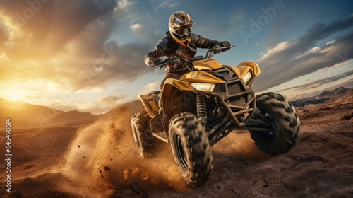 Extreme ATV rider rushing on dirt track through forest. Generative AI © piai