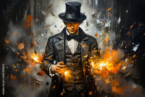 painting of a magician, sparks come out of his hands