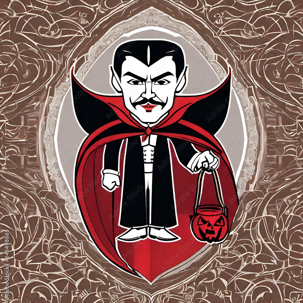 Count Dracula wallpaper holding Halloween pumpkin candy bucket ready to