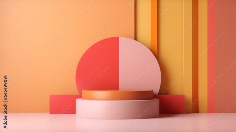 Minimalist podium in pink and orange tones with geometric shapes, perfect for product presentations. Minimalist podium in pink and orange tones with geometric shapes, perfect for product presentations.