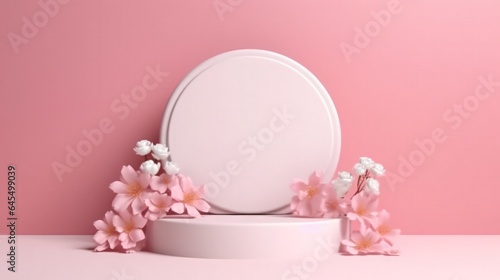Minimalist 3D podium with pink flowers, a stylish stage for elegant product displays, advertising, or beauty presentations © AlexTroi