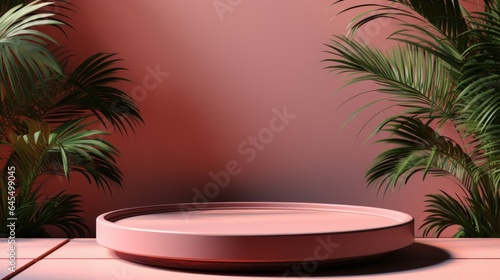 A minimalistic and stylish pink abstract podium for product presentation with tropical plants and palms in pots, featuring clean lines and modern design, perfect for showcasing innovation