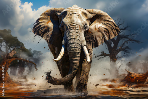 painting of a giant elephant running in the savanna