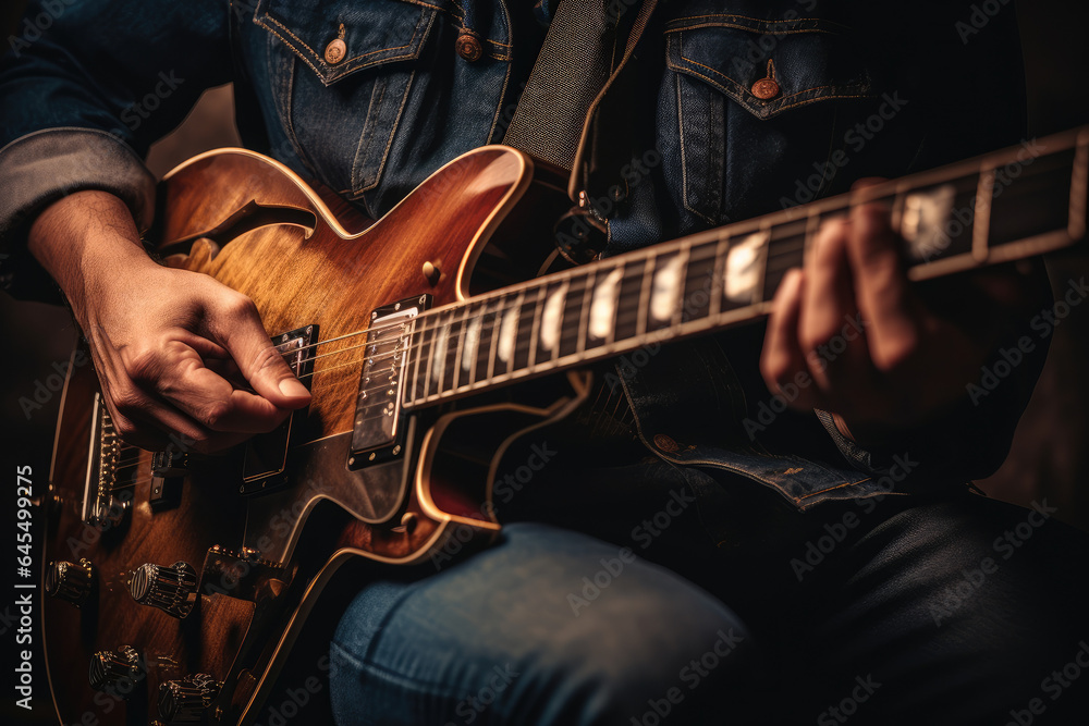 Obraz premium Close-up of a musician passionately playing a vintage guitar