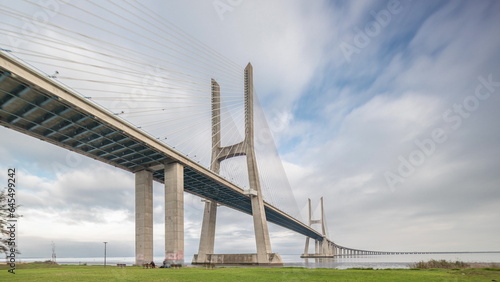 Architectural landmark Vasco da Gama Bridge over the Tagus River in Lisbon, Portugal.