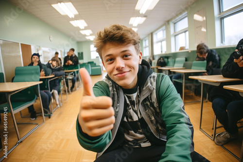 Selfie portrait of happy kid  secondary school boy teenager studying. Satisfied young man looking at camera sitting at desk in classroom with thumb up  positive emotions about education concept