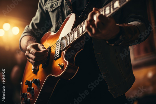 Close-up of a musician passionately playing a vintage guitar