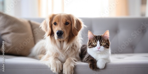 A small dog and cat are sitting together on the sofa, close-up. Generative AI