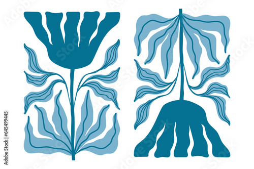 Matisse, Mucha style poster. Flower leaves, blue and turquoise color. Art Deco, Art Nouveau, reflected floral thin curvy leaf, line waves. Trendy, modern flat design, simple. Vector illustration