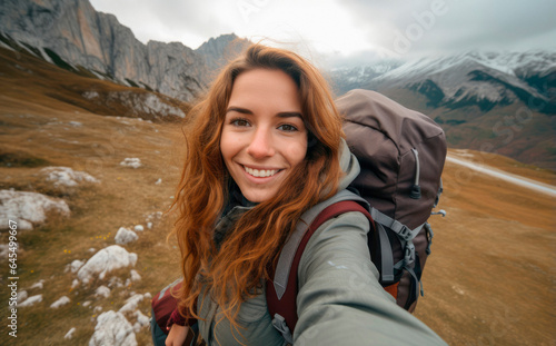 Mountain Selfie Adventure: A Joyful Native Traveler with a Backpack Exploring the Scenic Peaks of beautiful mountains. 