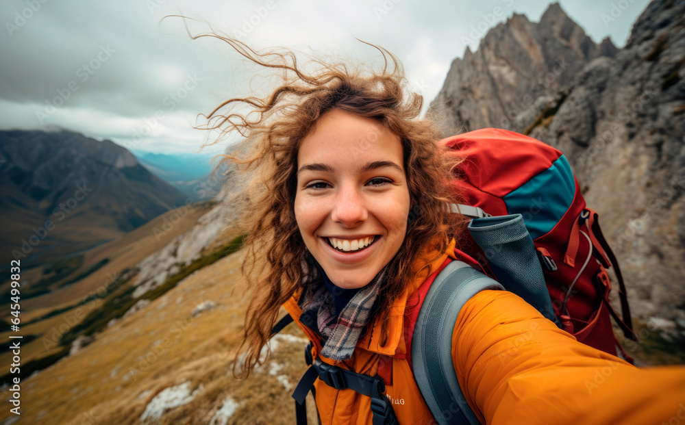 Mountain Selfie Adventure: A Joyful Native Traveler with a Backpack Exploring the Scenic Peaks of beautiful mountains. 