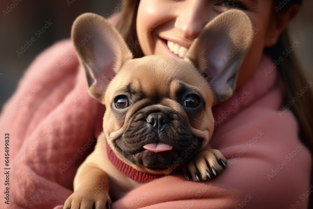 Woman holding cute French Bulldog