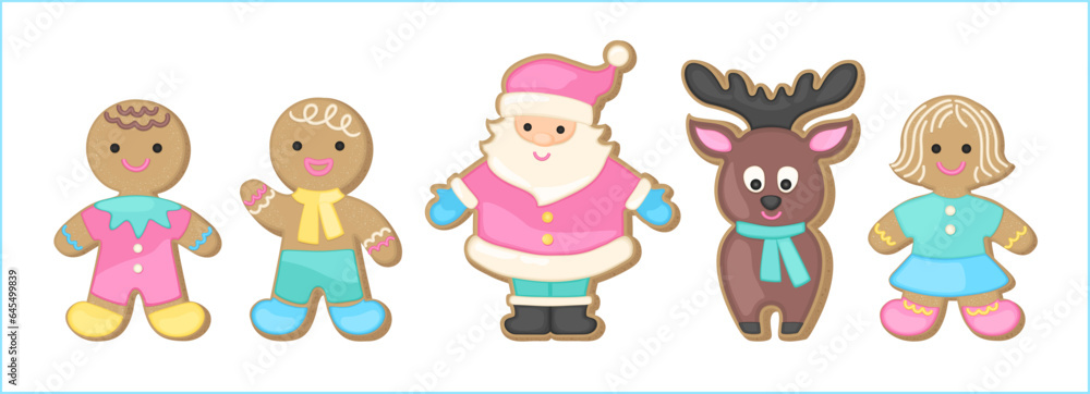 Christmas gingerbread sugar cookies candy colors. Bright pastel color palette. Christmas bisquits cute vector illustration. Whimsical cartoon characters gingerbread man, woman, Santa Claus, reindeer.