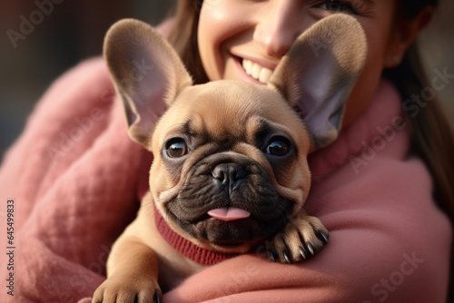 Woman holding cute French Bulldog © Diatomic