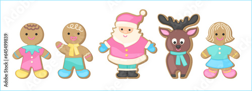Christmas gingerbread sugar cookies candy colors. Bright pastel color palette. Christmas bisquits cute vector illustration. Whimsical cartoon characters gingerbread man, woman, Santa Claus, reindeer.