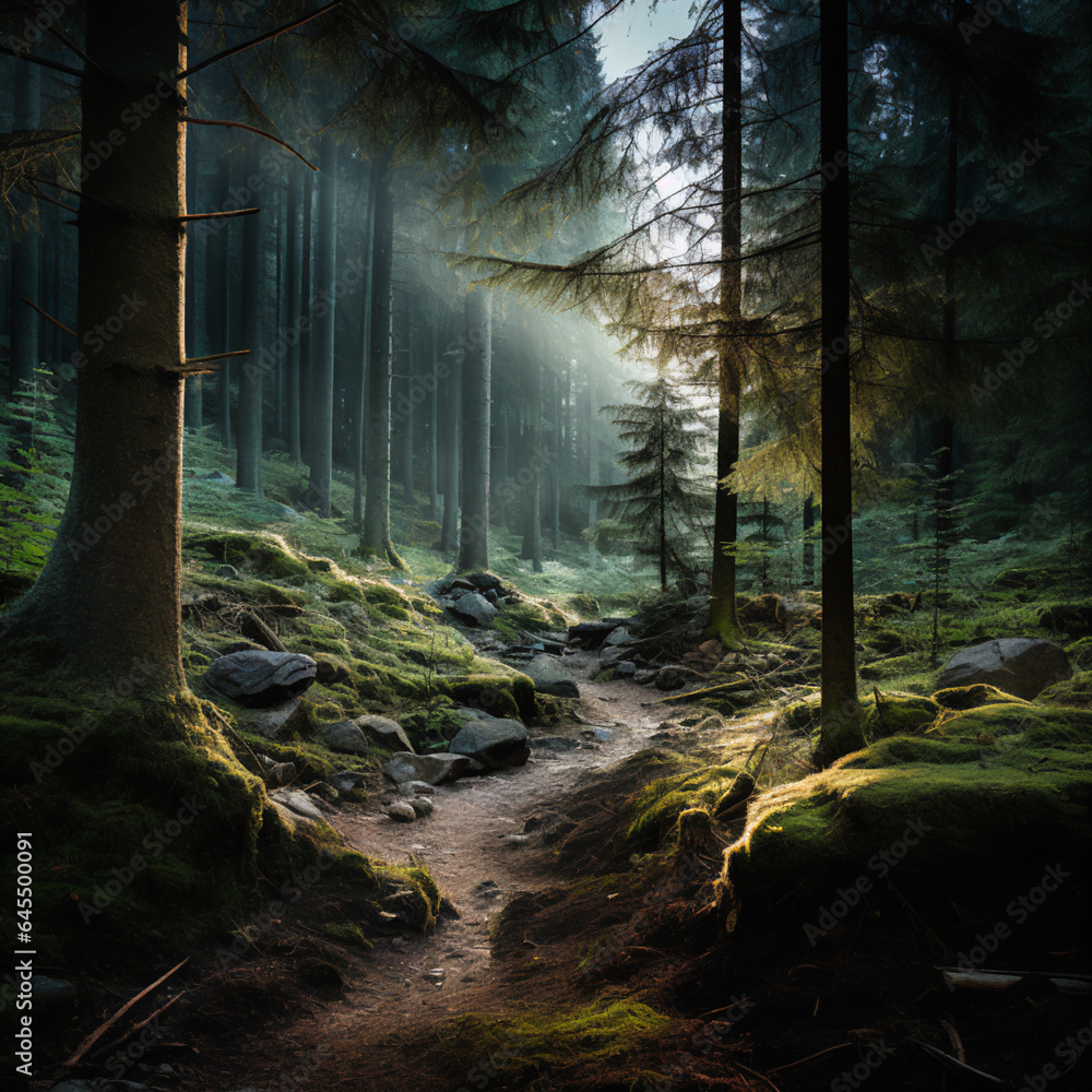 Dramatic High-Contrast Fine Art Forest Photograph with Cool Colors and Artistic Composition