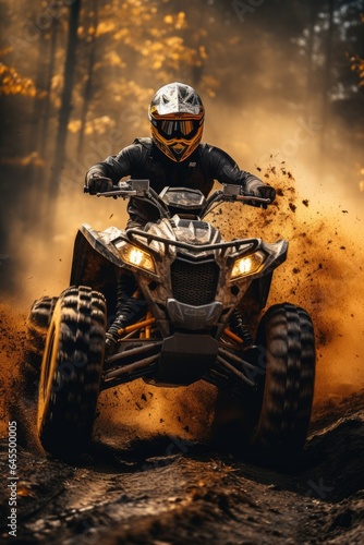 Extreme ATV rider rushing on dirt track through forest. Generative AI
