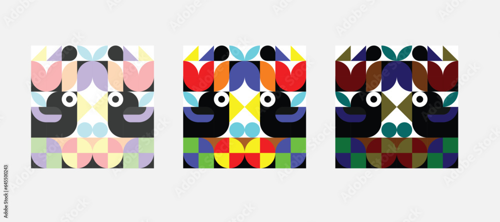 Geometric summer Birds and Flowers artwork poster with colorful simple shapes.