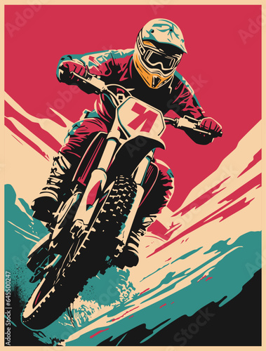 Retro style dirt bike vector illustration with bold lines and colors