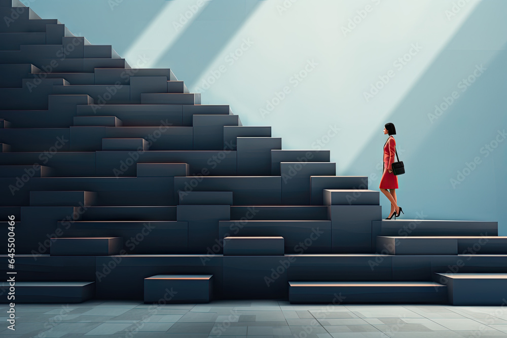 Corporate business woman stepping off a block of stairs Corporate business woman stepping off a block of stairs