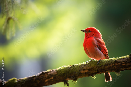 Red bird on a branch. Natural photography created with Generative Ai technology