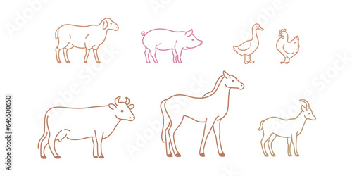 Cute animals icons set - horse, cow, goat, sheep, pig, goose, cock and pig. Vector illustration with farm animals in cartoon style.