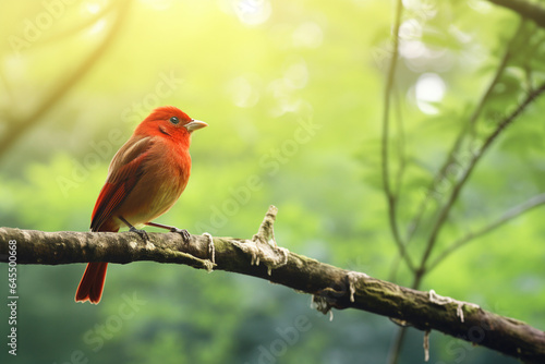 Red bird on a branch. Natural photography created with Generative Ai technology © Rainbow Spells