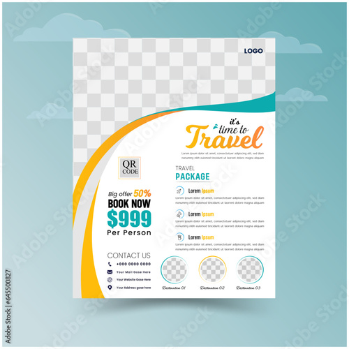 Business flyer design and brochure cover page template for travel agency, Travel flyer template design with contact and venue travel brochure flyer design template, Travel poster.