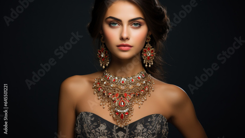 beautiful girl adorned with a stunning set of jewelry, radiating elegance and grace. AI Generative.