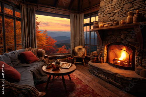Cozy cabin interior with a roaring fireplace and views of a scenic autumn landscape  © thejokercze