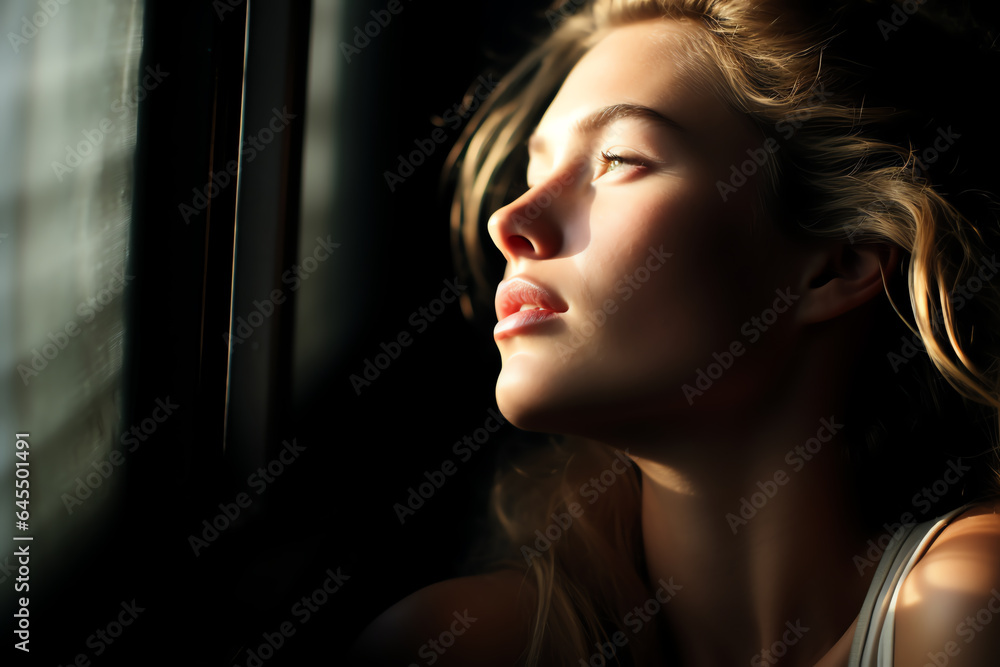 A woman peacefully enjoying the view from a window with closed eyes A woman peacefully enjoying the view from a window with closed eyes