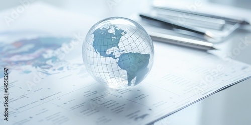 Glass Globe Resting upon Share Charts on a White Table, Symbolizing the Intersection of Business, Stock Market, and Global Finance, Integral to Investment and Economic Trends photo