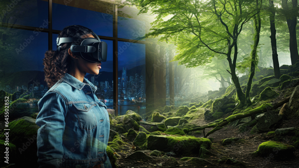 Woman using an AR/VR headset to enter a cool, green, misty forest environment at home in her living room