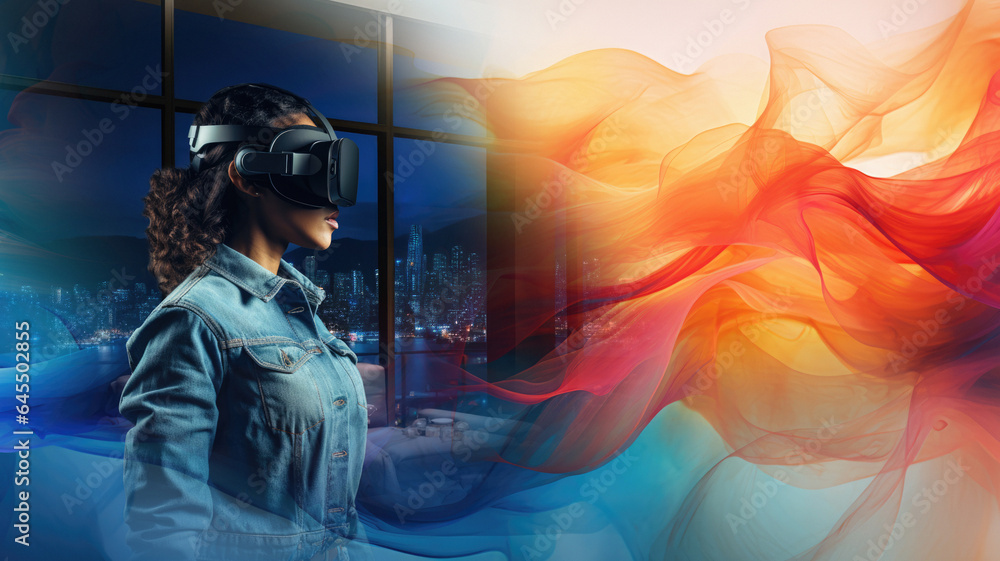 Woman using AR/VR goggles to enter a relaxing, abstract environment at home in her living room Woman using AR/VR goggles to enter a relaxing, abstract environment at home in her living room