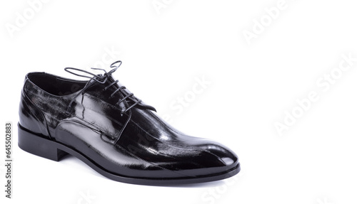 Men's shoe from black patent leather isolated on a white background with copy space. Side view. Formal men's accessories, groom shoes. Outlet marketing layout. Discount, fall shoe sale campaign