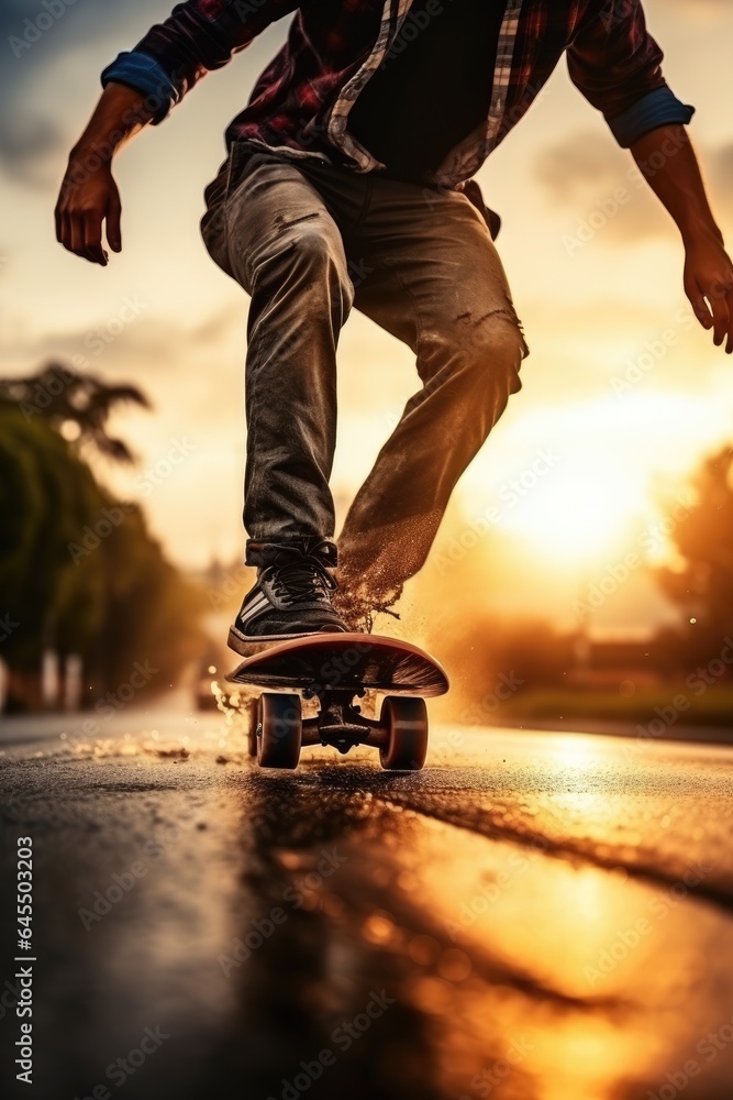 Young man using longboard skating fast enjoying cruising downhill riding skateboard at sunset. Generative AI