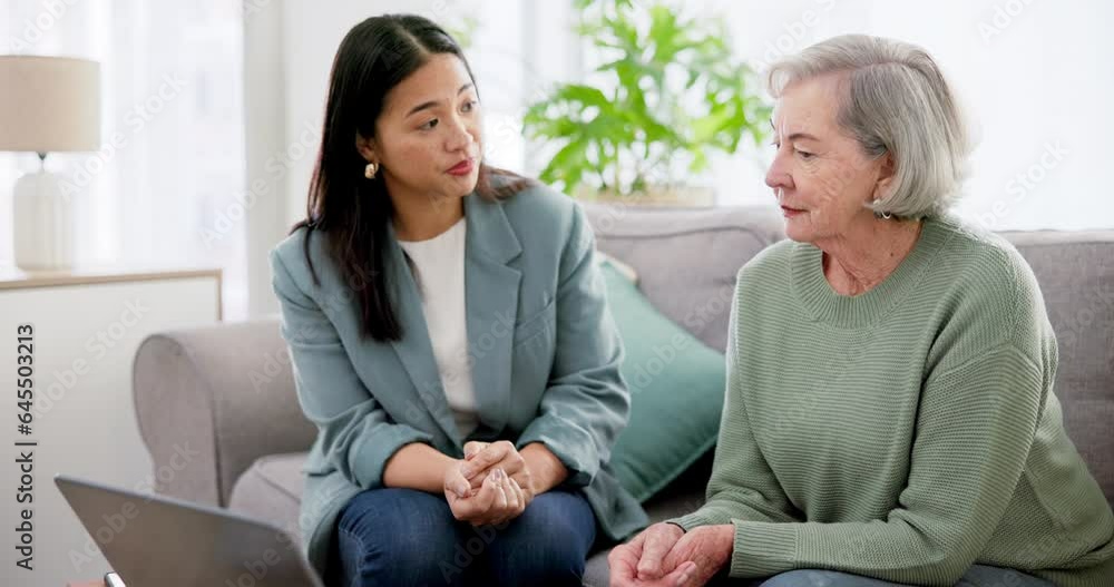 Communication, woman and senior with laptop for life insurance, mortgage loan or retirement investment on sofa in home. Accounting, people and advice on financial budget for asset management or tax Communication, woman and senior with laptop for life insurance, mortgage loan or retirement investment on sofa in home. Accounting, people and advice on financial budget for asset management or tax