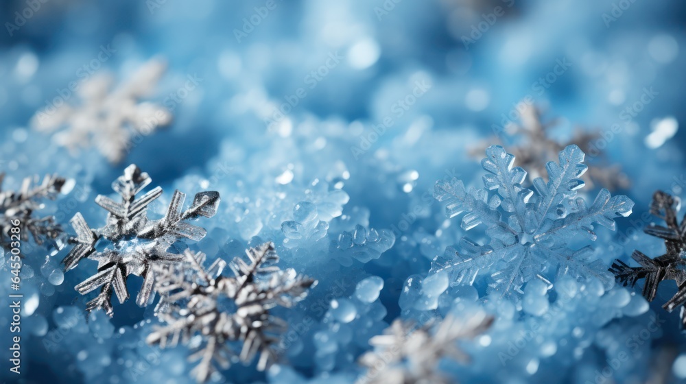 background Snowflakes close-up. Macro photo. The concept of winter, cold, beauty of nature. Copy space. 