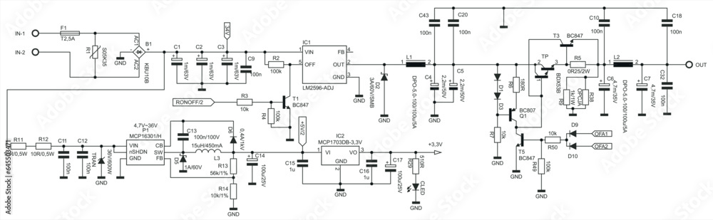 Schematic diagram of electronic device.
Vector drawing electrical circuit with
resistor, transistor, diode, coil,
led, power unit, integrated circuit. Schematic diagram of electronic device.
Vector drawing electrical circuit with
resistor, transistor, diode, coil,
led, power unit, integrated circuit.