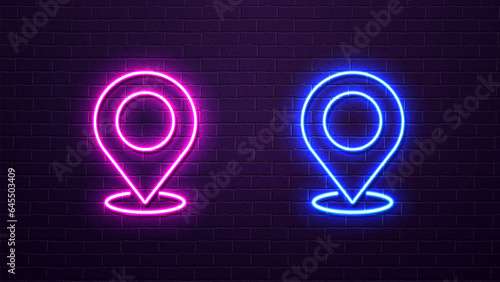 Neon map pin icon icons in blue and grove color on a brick wall. A concept for navigation.